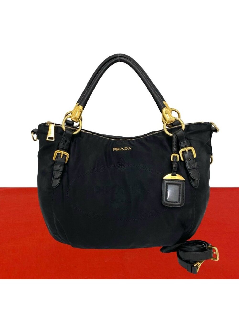 Prada Logo Tessuto Nylon Leather 2-Way Shoulder Bag Tote Black